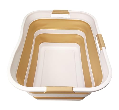SAMMART 42 (11 Gallons) Collapsible Plastic Laundry Basket, Foldable Pop Up Storage Container/Organizer, Space Saving Hamper, Portable Bin for Dorm Room Bathroom (1, White/Beige) - color: White/Beige