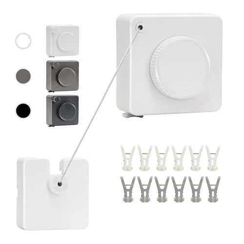 15.7Ft Retractable Clothesline Indoor an Anti-sag Retractable Clothesline Outdoor,Laundry Line Wall Mounted Stainless Steel Wire Laundry, with 12 Clip(White)
