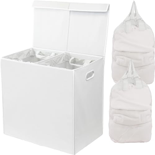 Simple Houseware Double Laundry Hamper with Lid & Removable Bags, White - color: White