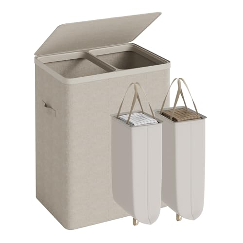 Double Laundry Hamper with Lid, 150L Large Laundry Basket 2 Compartments - color: Beige