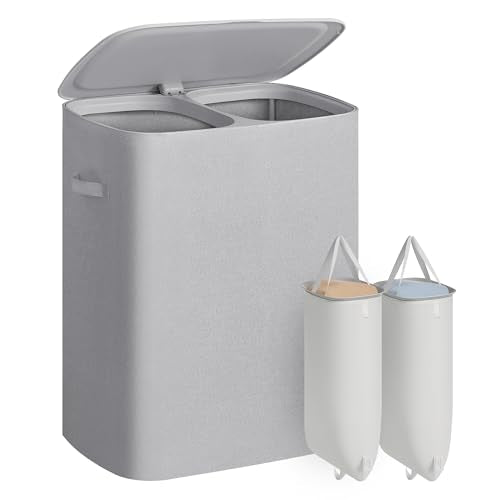 SONGMICS Laundry Hamper with Lid, 160L Laundry Basket, 2 Sections - color: Dove Gray