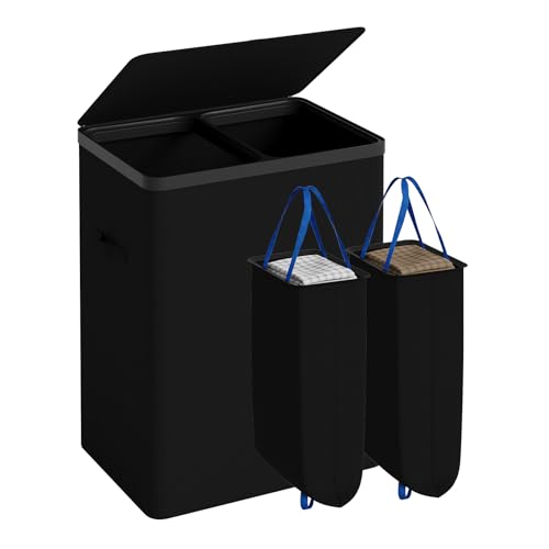 Double Laundry Hamper with Lid, 150L Large Laundry Basket 2 Compartments - color: Black
