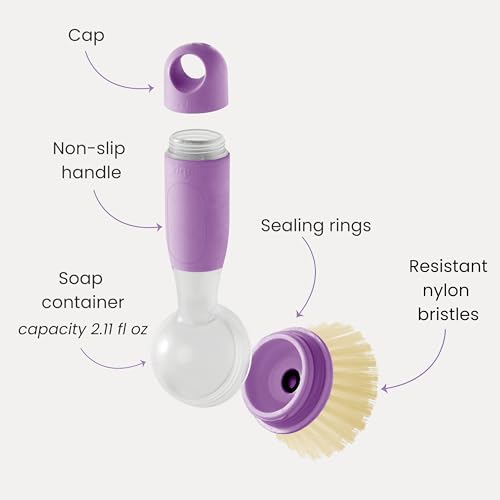 Vigar Rengo Dish Brush with Soap Dispenser, Nylon Bristles, Purple - color: Purple