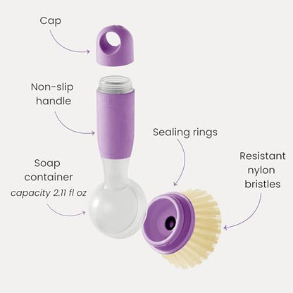 Vigar Rengo Dish Brush with Soap Dispenser, Nylon Bristles, Purple - color: Purple