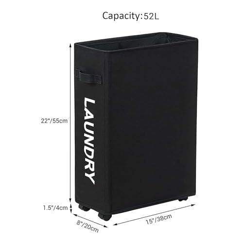 Slim Laundry Hamper with Wheels, 52L Skinny Hamper, 22" Black - color: Black (With Wheels)