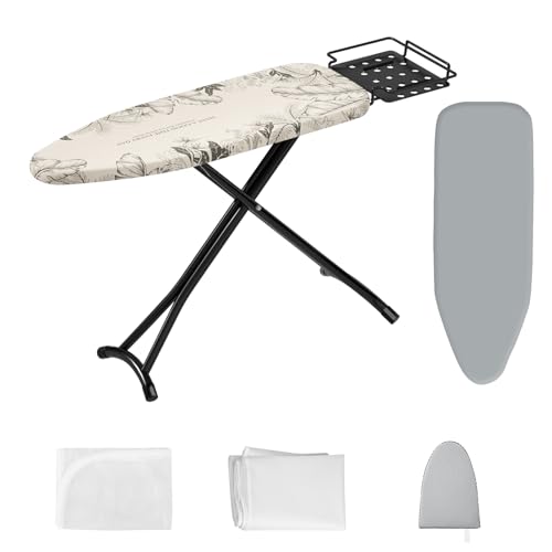 Ironing Board,Foldable Ironing Board Adjustable Height Compact Iron Board Thick Steel Tube Iron Board with Holder,Replacing Cloth Cover and Mini Handheld Gloves, Gift for Women(Leaf Print)