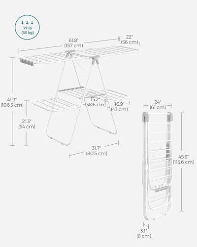 SONGMICS Clothes Drying Rack, Foldable 2-Level Stee Laundry Drying Rack - color: White + Gray, size: 2 Tiers（22"d x 61.8"w x 64.3''h )