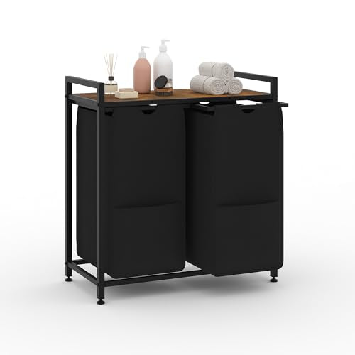 Laundry Sorter, 2 Section, Black, 26.8x13x28.5 Inch - size: 2 Bags-97L / Rustic Brown + Black