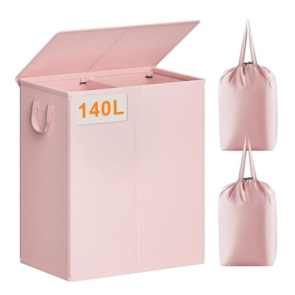 Chrislley Double Laundry Hamper with Lid, 140L Laundry Basket 2 Section - color: Pink, size: 140l(24.0"l X 14.2"w X 25.2"h)