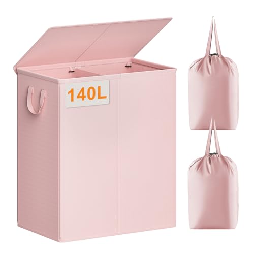 Chrislley Double Laundry Hamper with Lid, 140L Laundry Basket 2 Section - color: Pink, size: 140l(24.0"l X 14.2"w X 25.2"h)