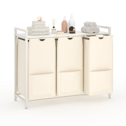 Laundry Sorter 36.6x13x28.5 in, White 3-Section Hamper - size: 3 Bags-145.5L / White + Beige