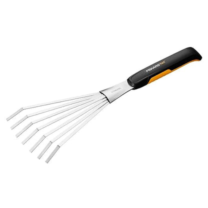 Fiskars Xact Hand Rake, Heavy Duty Gardening Hand Tool with Ergonomic Handle and Hanging Hole for Storage, Stainless Steel Head and Tines, Perfect for Maintaining a Raised Garden Bed (Pack of 4) - size: Rake (Pack of 4)