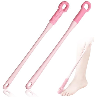 2 Pack Toe Scrubber Brush Long Handle, Soft Rubber Toe Cleaner for Deep Cleaning Exfoliation, Foot Brush for Seniors, Pregnant Women and Limited Mobility No Bend to Use in Shower (Pink)
