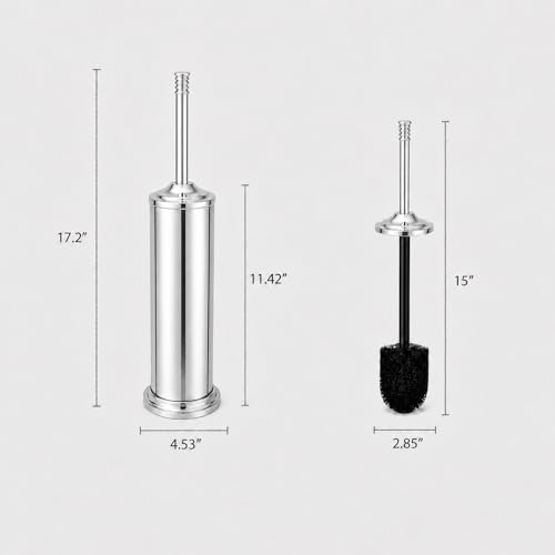 Chrome Toilet Brush and Holder Set，Extra Long Handled Toilet Bowl Brush and Holder，Stainless Steel Heavy Duty Toilet Brush for Bathroom,Deep Cleaning Modern Toilet Cleaner Slip Base - color: Chrome