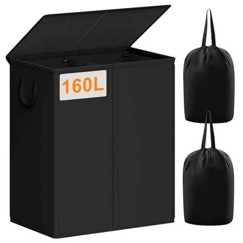 Chrislley Double Laundry Hamper with Lid, 160L Laundry Basket 2 Section - color: Black, size: 160L(25.0"L x 14.2"W x 27.2"H)