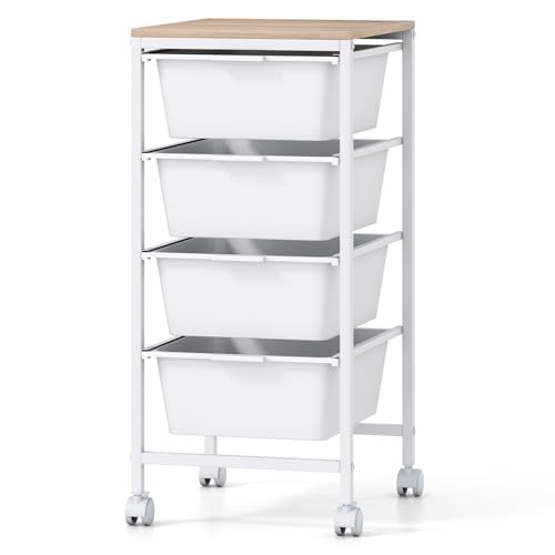Giantex Rolling Storage Cart with 4 Drawers, Utility Cart w/Wooden Tabletop, Lockable Wheels, Multipurpose Organizer for Art Craft Scrapbook Paper, Drawer Carts for Dorm Classroom Office, White - color: White, size: 4 Drawer-13"x14.5"x28"