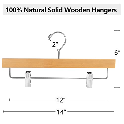 AMKUFO 20pcs Wooden Pants Hangers Solid Pants Hanger with Adjustable Clips 14 Inch Natural Wood Skirt Hangers Trousers Bottom Hanger with Non-Slip Clips and 360° Swivel Hook - color: Natural