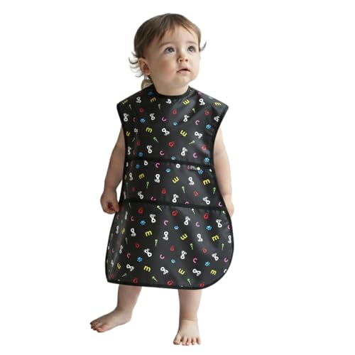 Plie Full Coverage Waterproof Feeding Bib for Toddlers – Extra Long Apron Bib for Mealtime, Self-Feeding, High Chairn - color: Alphabet
