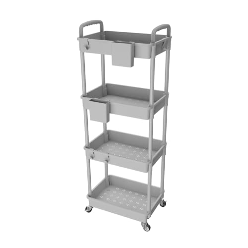 4 Tier Rolling Utility Cart with Handle,REBECAT Utility Cart Made of Multifunctional Storage Organizer Tool for Kitchen,Bathroom,Living Room,Office(Gray) - color: Gery