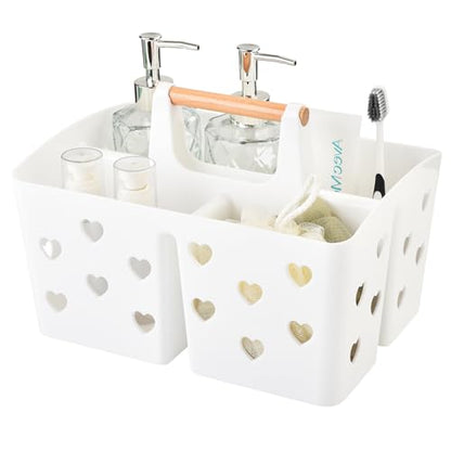 White Portable Shower Caddy, Plastic Basket Organizer with Wooden Handle - color: White