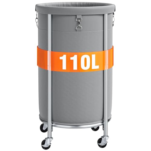 ELYKEN Laundry Basket with Wheels, Round Rolling Laundry Hamper, Gray - color: Gray, size: 110L