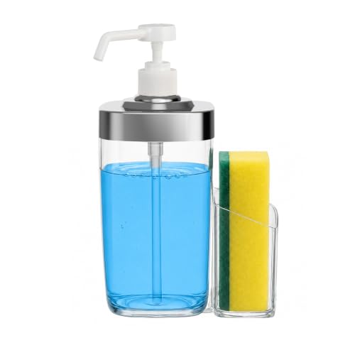 Kitchen Soap Dispenser with Sponge Holder, 800ml Large Capacity Dish Soap Dispenser Caddy, Shatterproof & Rustproof Sink Organizer with Extended Tube, Removable Caddy - Free Funnel Included (Silver) - color: Silver
