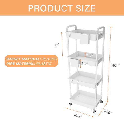 4 Tier Rolling Utility Cart with Handle,REBECAT Utility Cart Made of Multifunctional Storage Organizer Tool for Kitchen,Bathroom,Living Room,Office(White) - color: White