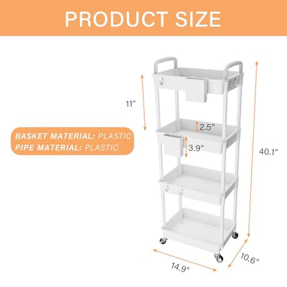 4 Tier Rolling Utility Cart with Handle,REBECAT Utility Cart Made of Multifunctional Storage Organizer Tool for Kitchen,Bathroom,Living Room,Office(White) - color: White