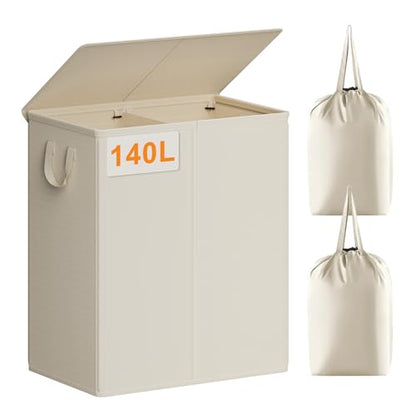 Chrislley Double Laundry Hamper with Lid, 140L Laundry Basket 2 Section - color: Beige, size: 140l(24.0"l X 14.2"w X 25.2"h)