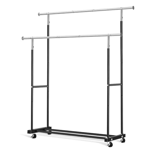 VICERII Double Clothing Rack, 130LB Capacity Heavy Duty Garment Rack with Wheels and Bottom Shelf, 55.51 Inch Long Rolling Clothes Racks for Hanging Clothes, Black - color: Black, size: Double