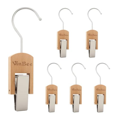 VinBee 6Pcs Laundry Hooks Clips Hanger Wooden Laundry Clips with Hooks Closet Organizer Clamps Clothes Clips Laundry Hanging Clips Towel Clips for Socks, Boot, Bras Bathroom Wardrobe Kitchen, Black