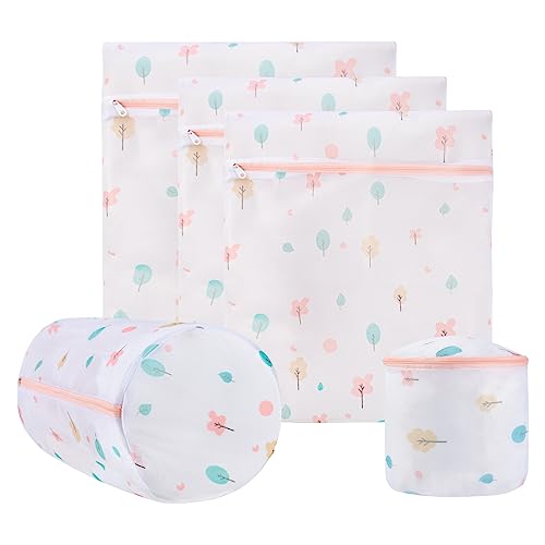 Durable Mesh Zipper Laundry Bags Machine Wash, 5-Piece Tree Print - color: Trees