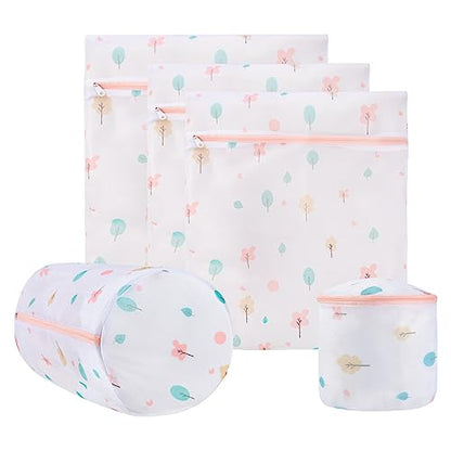 Durable Mesh Zipper Laundry Bags Machine Wash, 5-Piece Tree Print - color: Trees