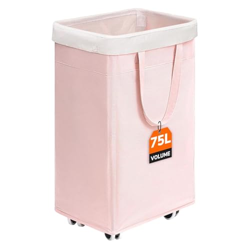 CHICVITA 75L Rolling Laundry Basket with Wheels Removable Wash Bag, Pink - color: Pink, size: 75L (15.7"L x 11.8"W x 24.8"H)