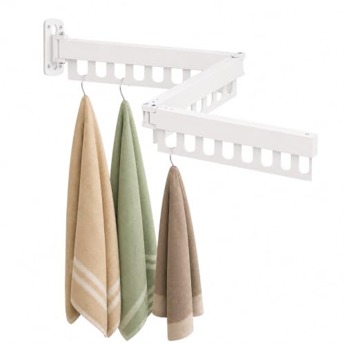 Clothes Drying Rack Carbon Steel Laundry Drying Rack Collapsible White Wall Mounted Clothes Rack 45 Inch Clothes Hanger Rack with Hooks for Drying Clothes - color: White