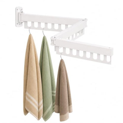 Clothes Drying Rack Carbon Steel Laundry Drying Rack Collapsible White Wall Mounted Clothes Rack 45 Inch Clothes Hanger Rack with Hooks for Drying Clothes - color: White