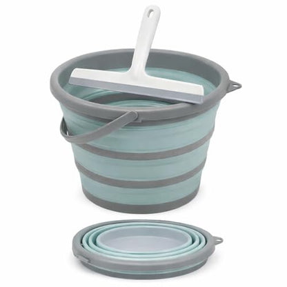 Collapsible Bucket, 10L 2.6 Gallon Foldable Water Pail for Household Outdoor Camping Beach Car Washing, Space Saving Portable Storage Tub. Includes Squeegee.
