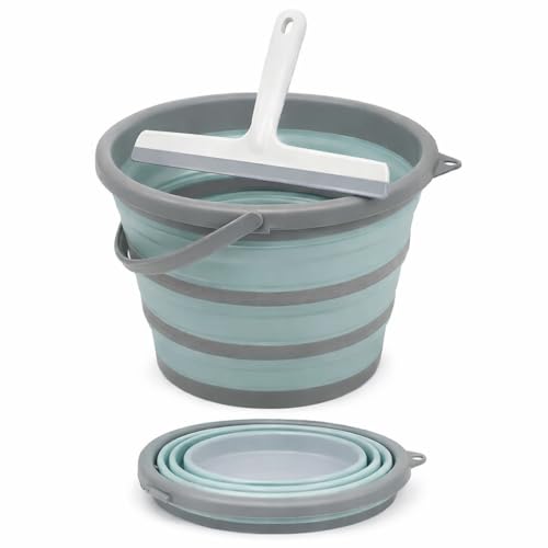 Collapsible Bucket, 10L 2.6 Gallon Foldable Water Pail for Household Outdoor Camping Beach Car Washing, Space Saving Portable Storage Tub. Includes Squeegee.