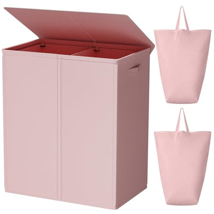 WOWLIVE 154L Double Laundry Hamper 2 Section with Lid and Removable Bags - color: Pink, size: 154l (24.8x 14.2 X 26.8 Inches)