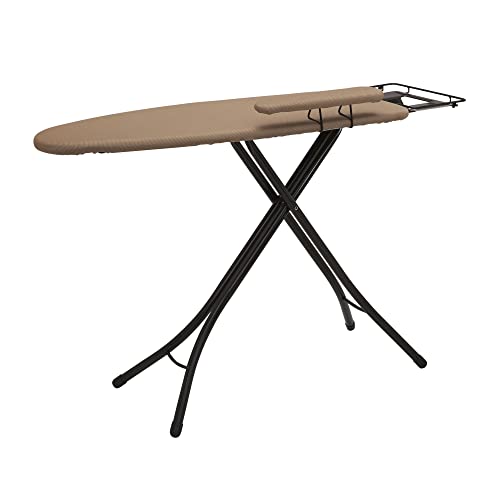 Household Essentials Mega Ironing Board, 4-Leg, Steel Top Pressing Station, Heat-Resistant Fiber Pad and Polyester Cover, Includes Sleeve Board and Iron Rest with Hanger Bar, Bronze Frame - color: Brown/Bronze, size: 49" L, style: With iron station