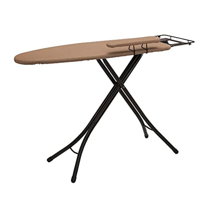 Household Essentials Mega Ironing Board, 4-Leg, Steel Top Pressing Station, Heat-Resistant Fiber Pad and Polyester Cover, Includes Sleeve Board and Iron Rest with Hanger Bar, Bronze Frame - color: Brown/Bronze, size: 49" L, style: With iron station