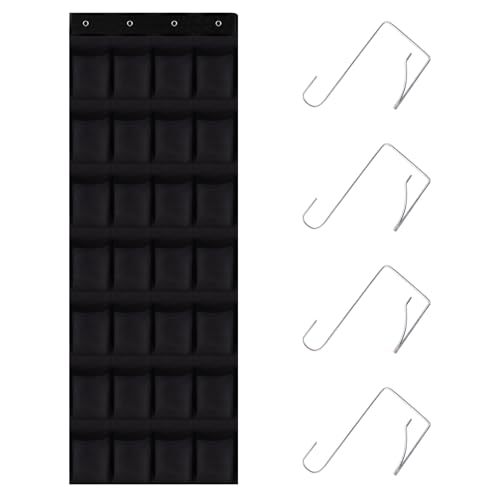 28 Mesh Pockets Hanging Over the Door Shoe Organizer （Black） - color: Black, size: 68"x22"