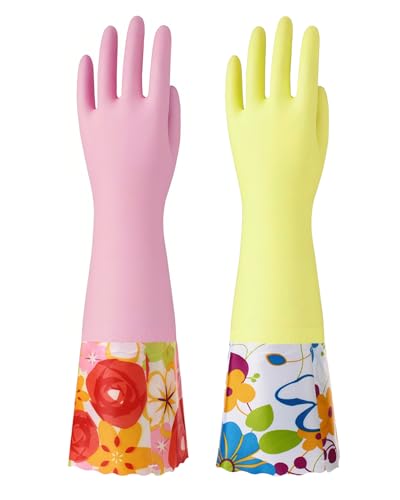 Bamllum 16-Inch Latex-Free Cleaning Gloves, Cotton Flocked Liner, Large - color: Yellow+pink, size: Large