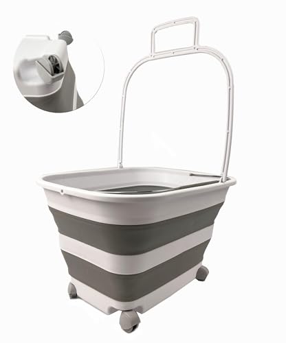 SAMMART 35L (9.24 Gallons) Collapsible Plastic Laundry Basket with Handle and Wheels - Foldable Pop Up Storage Container/Washing Tub - Space Saving (2, White/Grey)