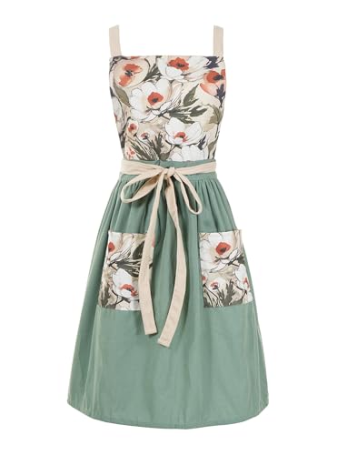 Pinknoke Vintage Pinafore Aprons for Women with Pockets for Kitchen - color: Sage Green