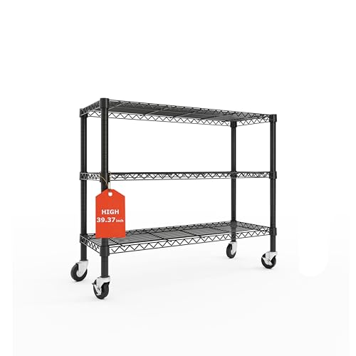 3 Tier Wire Shelving Unit with Wheels, Heavy Duty Metal Storage Shelf Rack, 36.9" W x 18.6" D x 39.4" H Rolling Wire Shelf with Locking Casters for Garage, Pantry, Kitchen, Laundry Room, - size: M-3