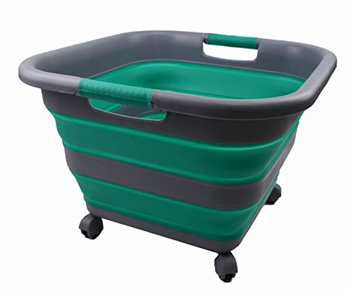 SAMMART Collapsible Plastic Laundry Basket with Wheels 39L (10.3 Gallons) -Foldable Pop Up Storage Container for Laundry, Camping & Home (1, Dark Grey/Bluish-Green) - color: Dark Grey/Bluish-Green