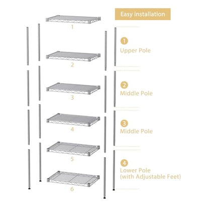 SINGAYE Metal Shelves Wire Shelving Storage Standing Adjustable Shelf Unit - color: Grey, size: 6 Tier 10" D x 16" W x 63" H
