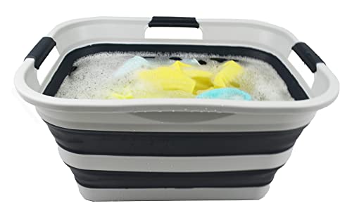SAMMART 30L(8 gallon) Collapsible Plastic Laundry Basket - Foldable Pop Up Storage Container/Organizer - Space Saving Hamper/Basket - Water Capacity 24L(6.3 gallon) (1, Grey/Slate Grey) - color: Grey/Slate Grey