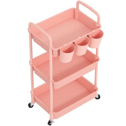 MOYIPIN 3-Tier Plastic Rolling Utility Cart with Handle,Pink - color: Pink, size: 3-Tiers with cups